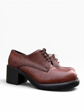 Vintage Bakers 90s Chunky Brown Leather Oxford Heeled Platform Loafers Size 9